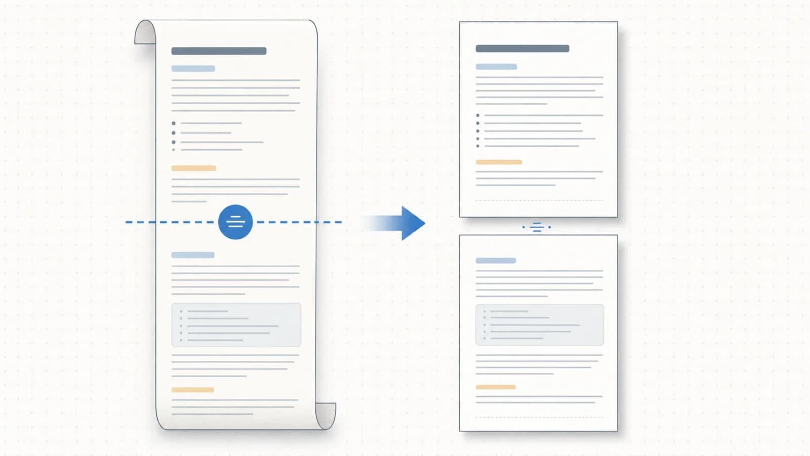 Concept diagram showing a continuous Markdown document divided at a page-break marker into two separate print pages
