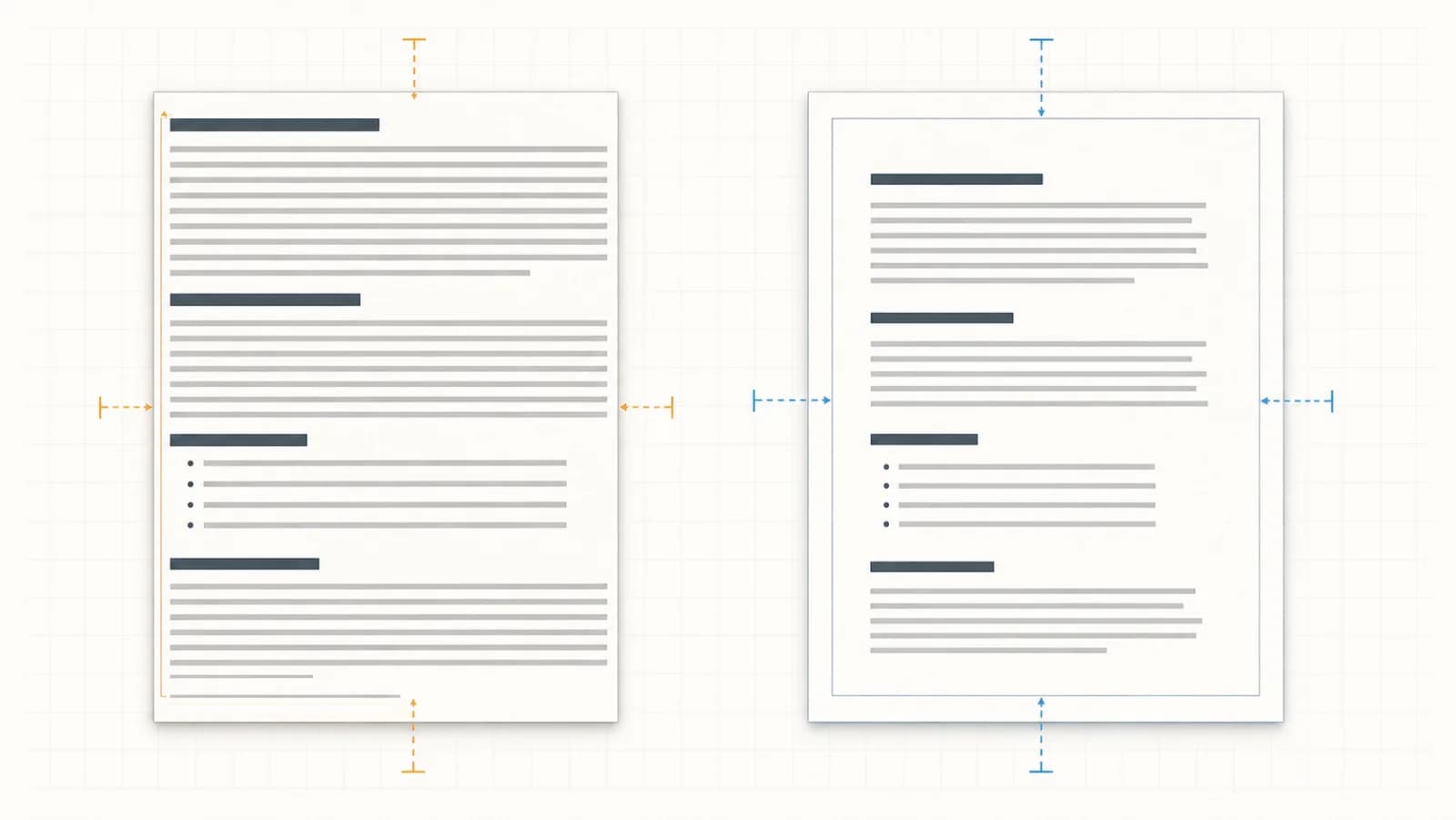 Side-by-side print layout comparison with cramped margins on one page and balanced margins on the other