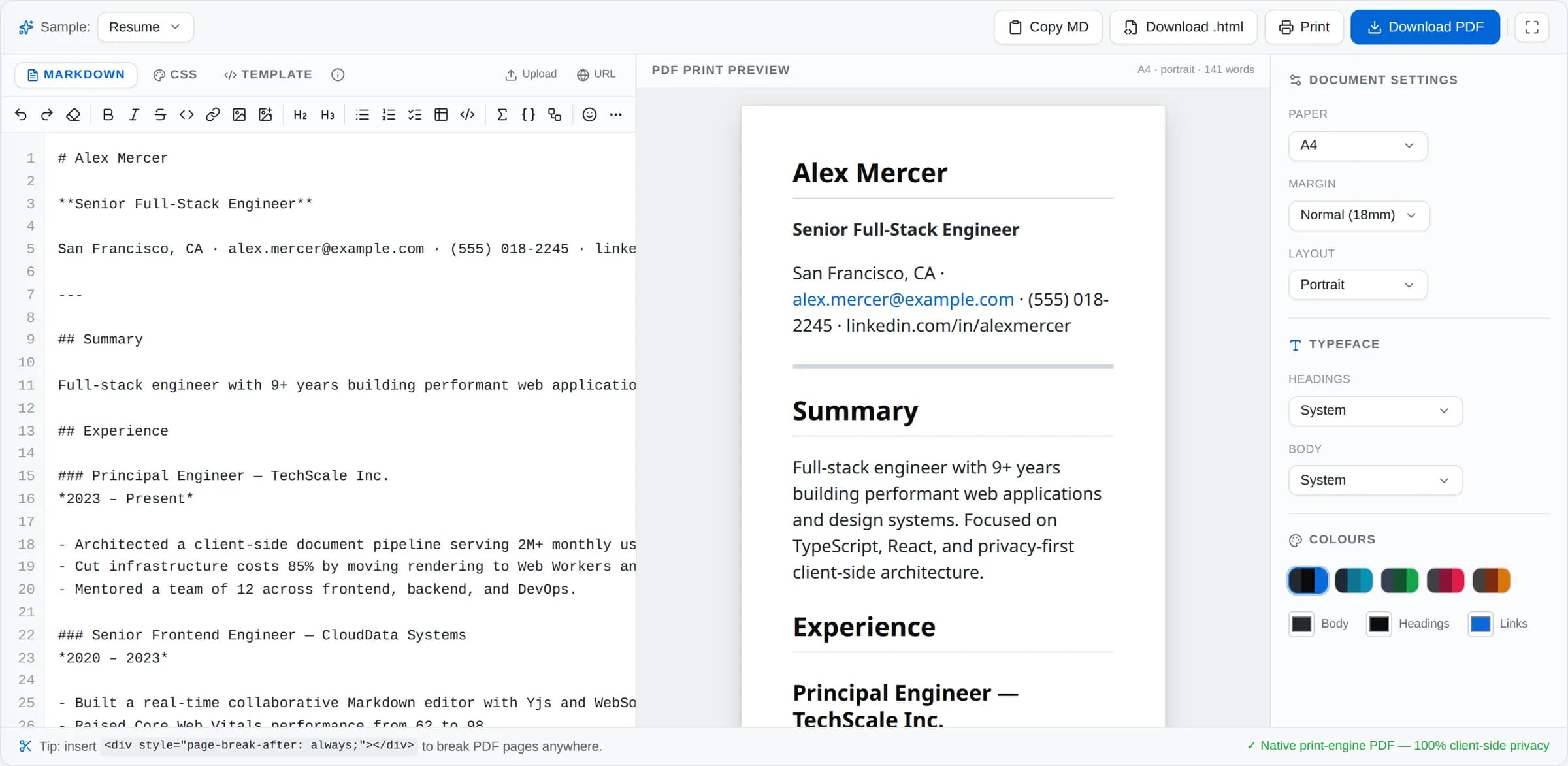 The Markdown to PDF workspace with the Markdown source on the left and a true-to-size paginated page preview on the right