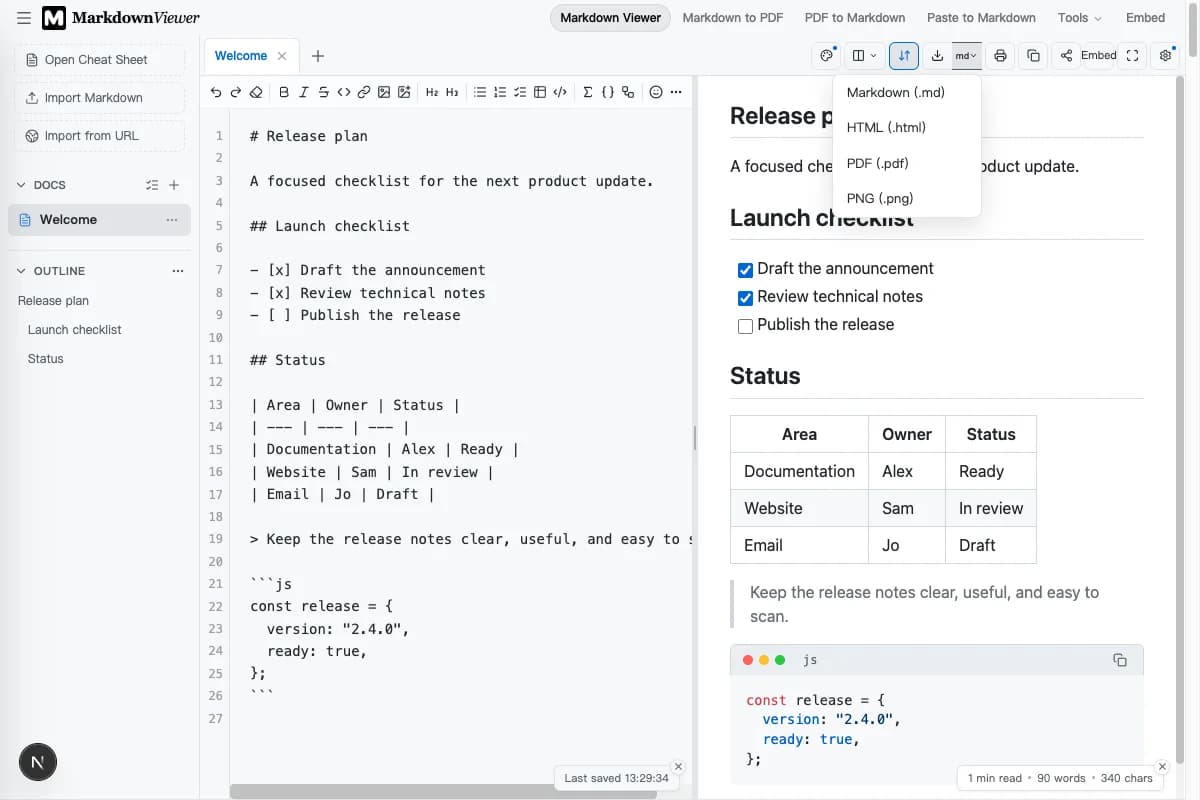 Markdown Viewer export menu with Markdown, HTML, PDF, and PNG download options