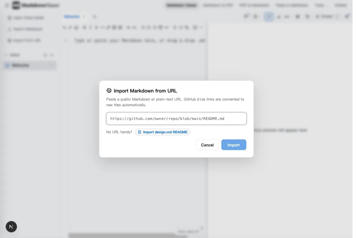 Markdown Viewer import dialog for opening a public Markdown URL or GitHub README