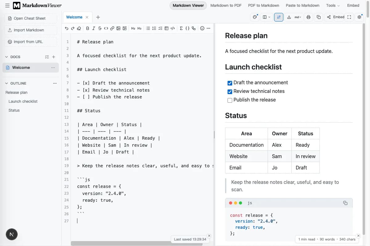 Markdown Viewer split workspace showing real Markdown source beside its rendered preview