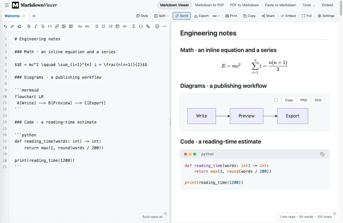 Markdown Viewer displaying Engineering notes with a LaTeX equation, a rendered Mermaid workflow, and highlighted Python code beside the Markdown source