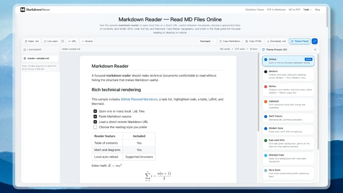 The Markdown reader with a document list on the left, the rendered Markdown centred in the reading pane, and the theme panel open on the right.