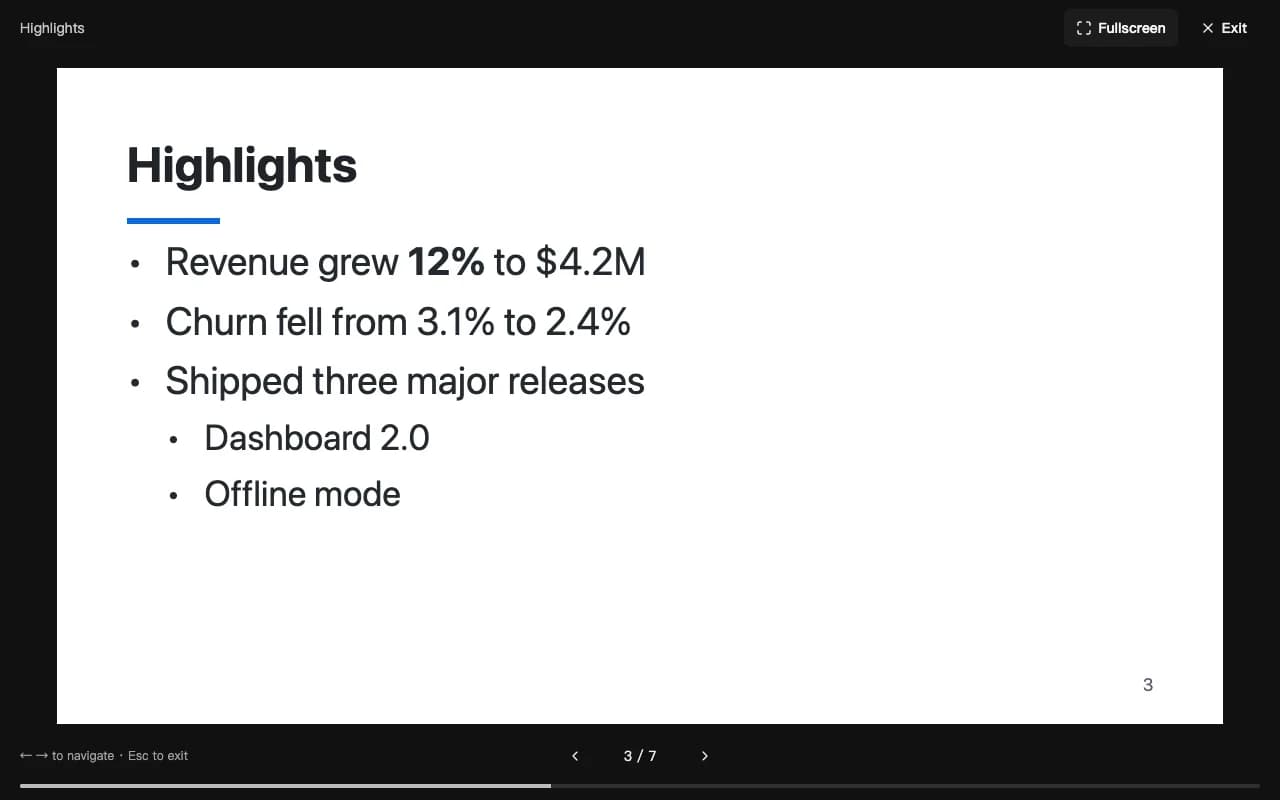 Browser presentation of the Highlights slide with navigation, progress, Fullscreen, and Exit controls; no editor or speaker notes.