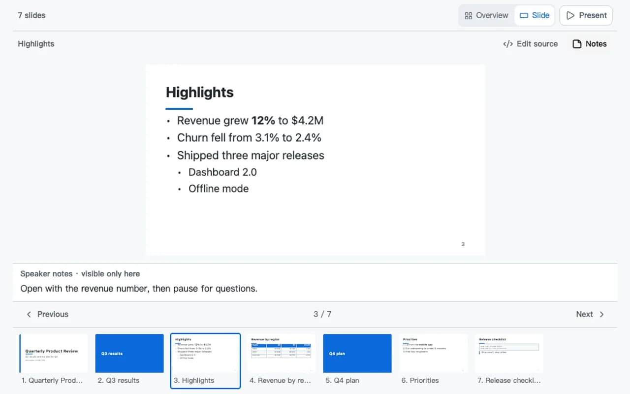 Single-slide preview showing Highlights, thumbnail navigation, and the speaker notes panel.