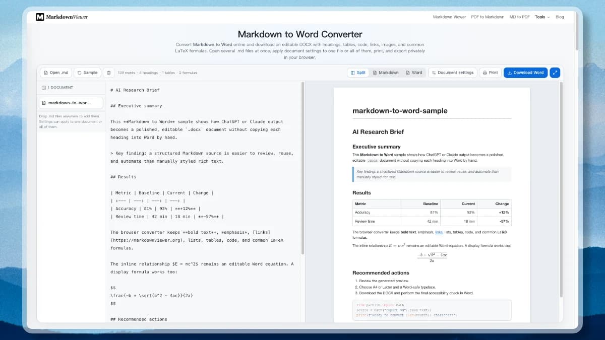 The Markdown to Word converter with a document list on the left, Markdown source, a page-styled Word preview, and the document settings panel open on the right.