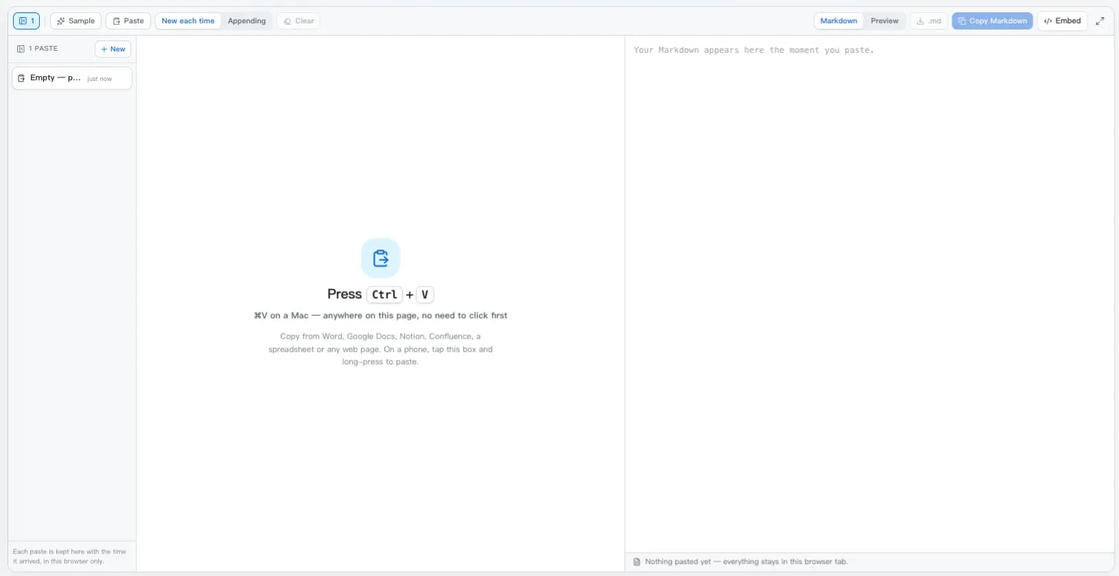The paste to markdown converter with rich pasted content on the left — headings, a table, a quote — and clean Markdown on the right.