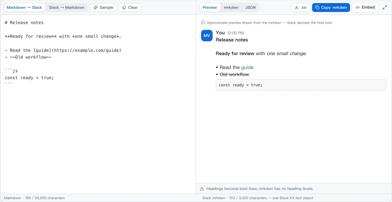 The Slack Markdown converter with release notes in Markdown on the left and the converted mrkdwn drawn as a Slack-style chat message on the right.