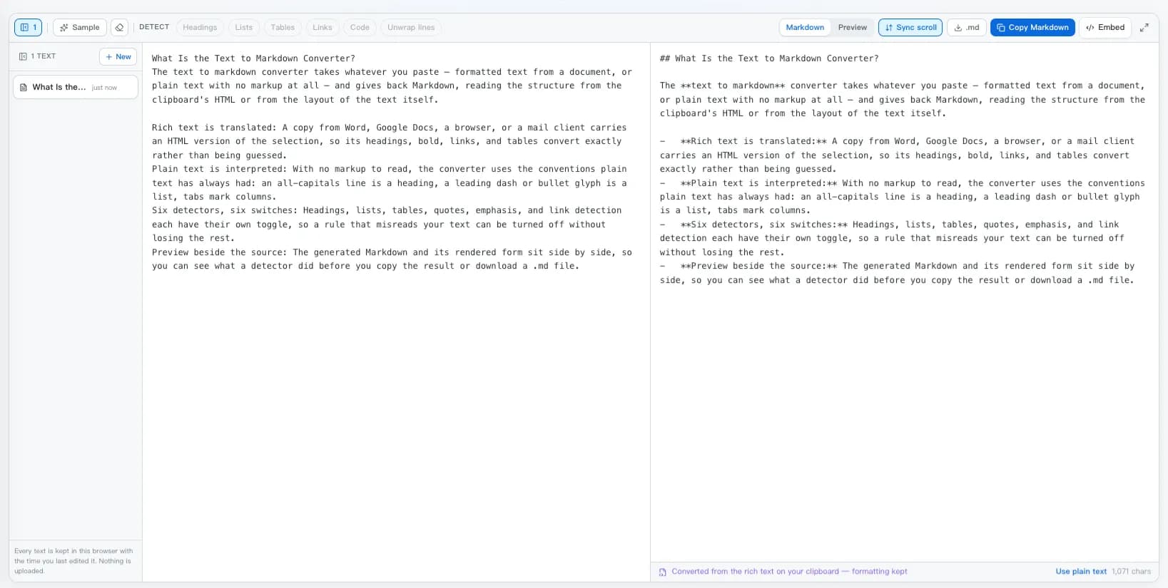 The text to markdown converter with pasted plain text on the left and the generated Markdown on the right, above the detection switches.