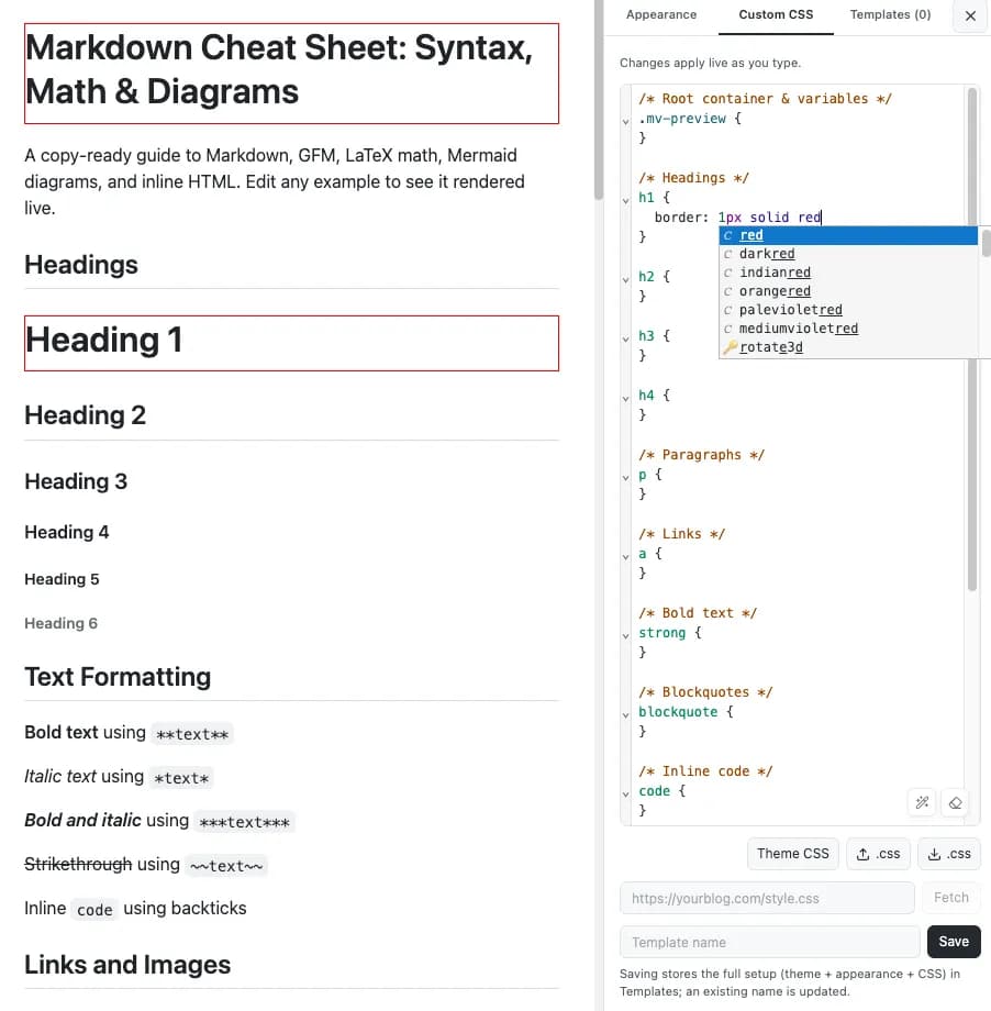 Markdown headings outlined in red beside the Custom CSS editor with CSS color autocomplete open