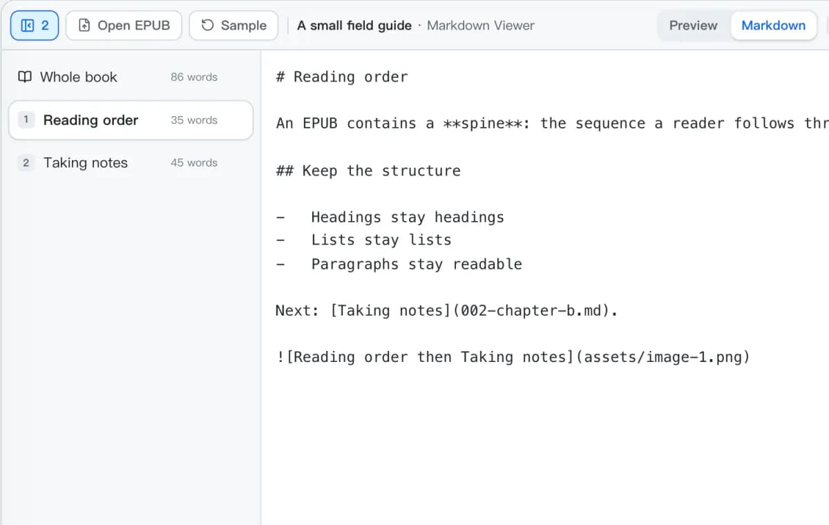 The EPUB to Markdown converter's Markdown tab for the Reading order chapter, showing the link to 002-chapter-b.md and the image reference to assets/image-1.png.
