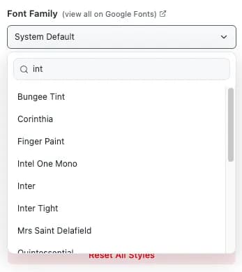 Font Family dropdown showing Google Fonts results for the search query int, including Intel One Mono, Inter, and Inter Tight