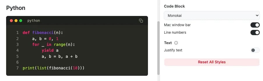 Python code block rendered with Monokai, Mac-style window dots, and line numbers beside the Code Block settings