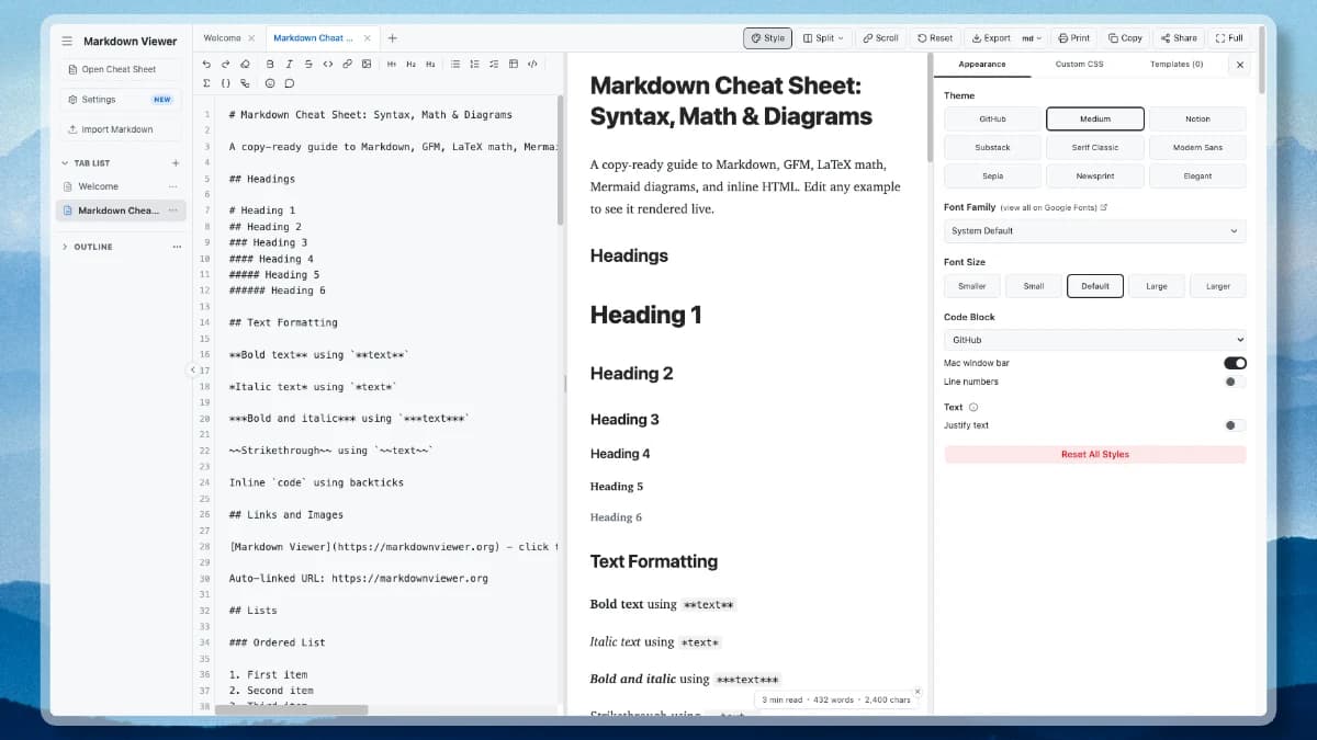 Markdown Viewer editor with a document preview and the Appearance tab of the Style panel open