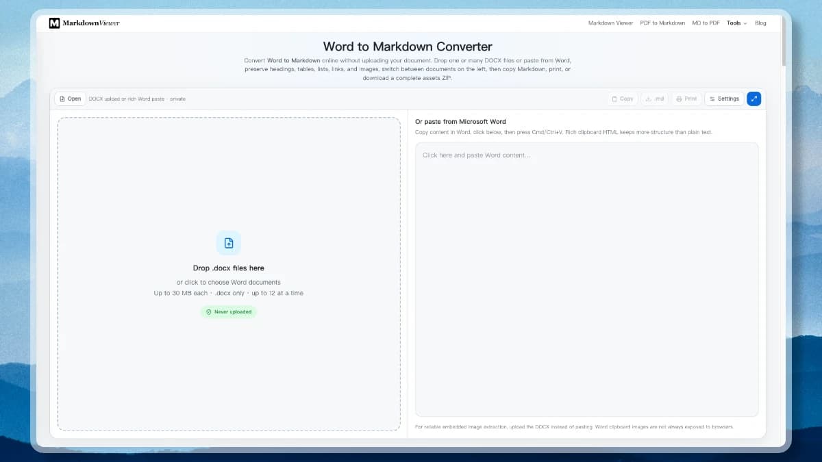 The Word to Markdown converter with a document list on the left, converted Markdown in the middle, and the conversion settings panel open on the right.
