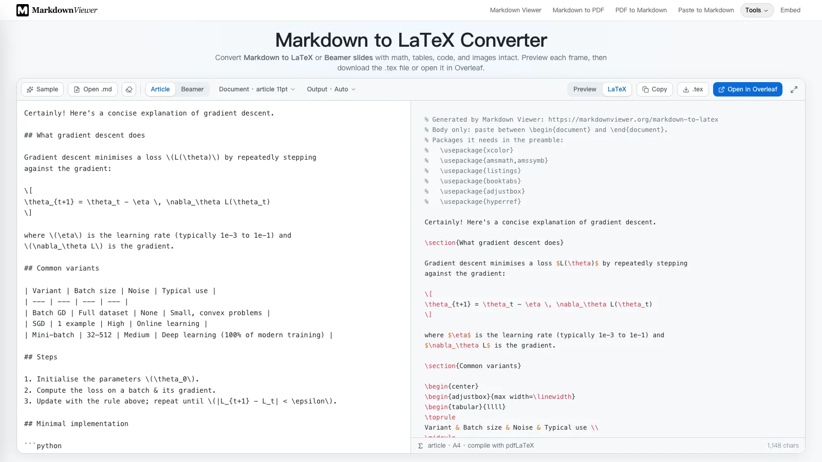The Markdown to LaTeX converter with the ChatGPT answer pasted on the left and the generated LaTeX in Body only mode on the right, starting with a comment that lists the packages to add to the preamble