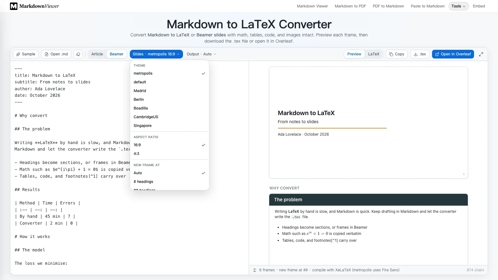 The Markdown to LaTeX converter in Beamer mode with the Slides menu open, listing seven themes, two aspect ratios and the heading level that starts a frame, and the frame preview showing the title page and the first slide