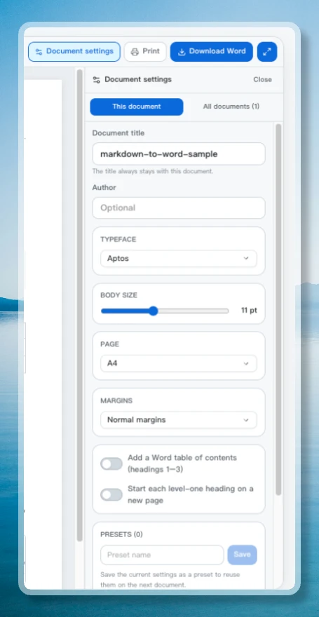The document settings panel showing title, author, typeface, body size, page size, margins, table of contents, chapter breaks, and saved presets