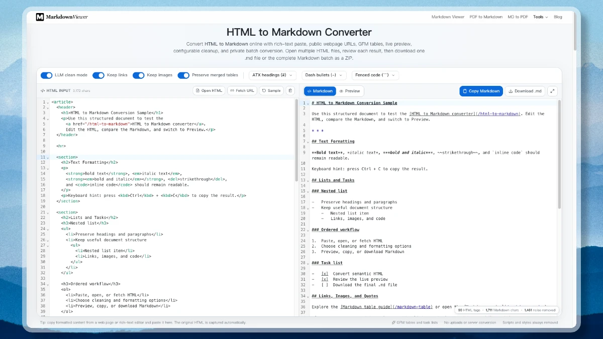The HTML to Markdown workspace with pasted page source on the left, the converted Markdown on the right, and the batch queue and cleaning options visible