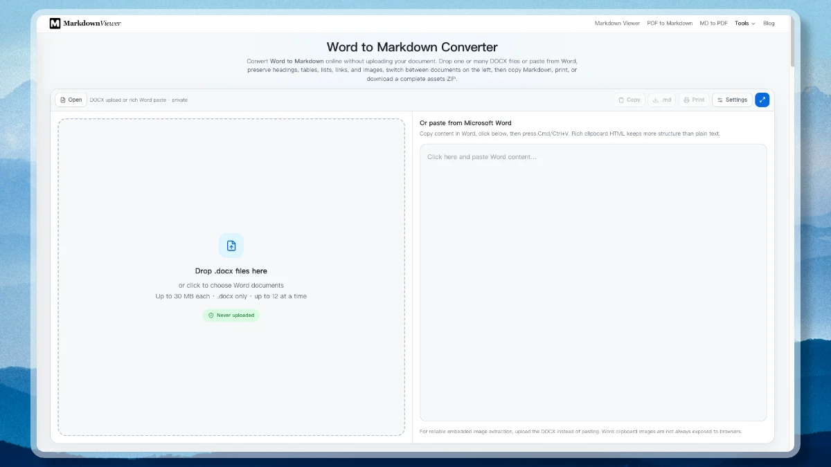 The Word to Markdown workspace with the document list, the generated Markdown, the rendered preview, and the conversion counts above the file name